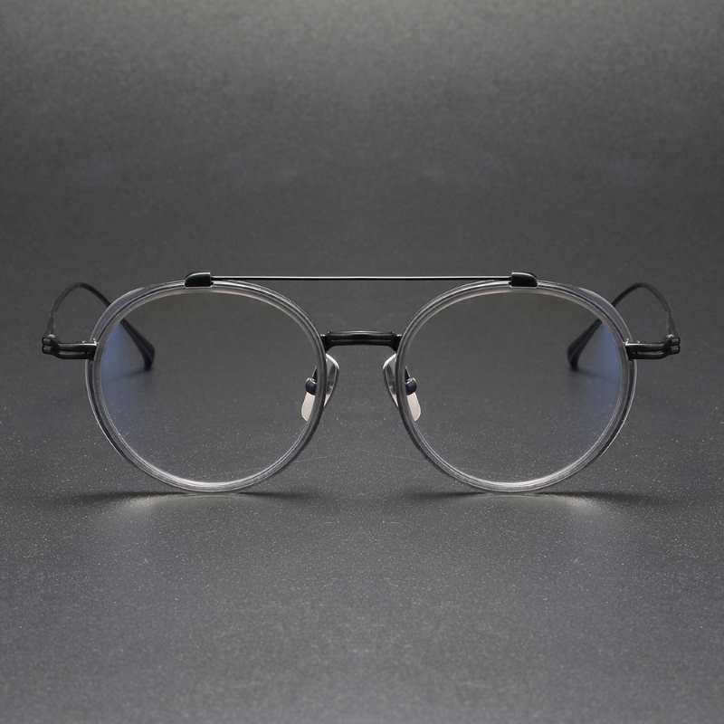Double Bridge Titanium Eyeglasses gray frame and black glass legs.jpg